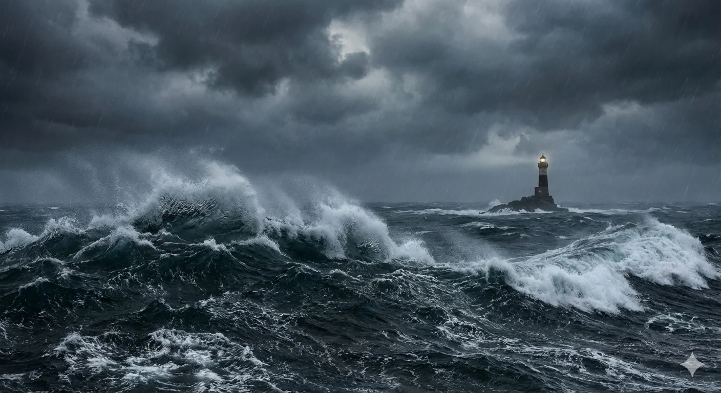 거친 파도가 치는 바다와 굳건한 등대, 환율의 변동성과 펀더멘털을 비유한 이미지