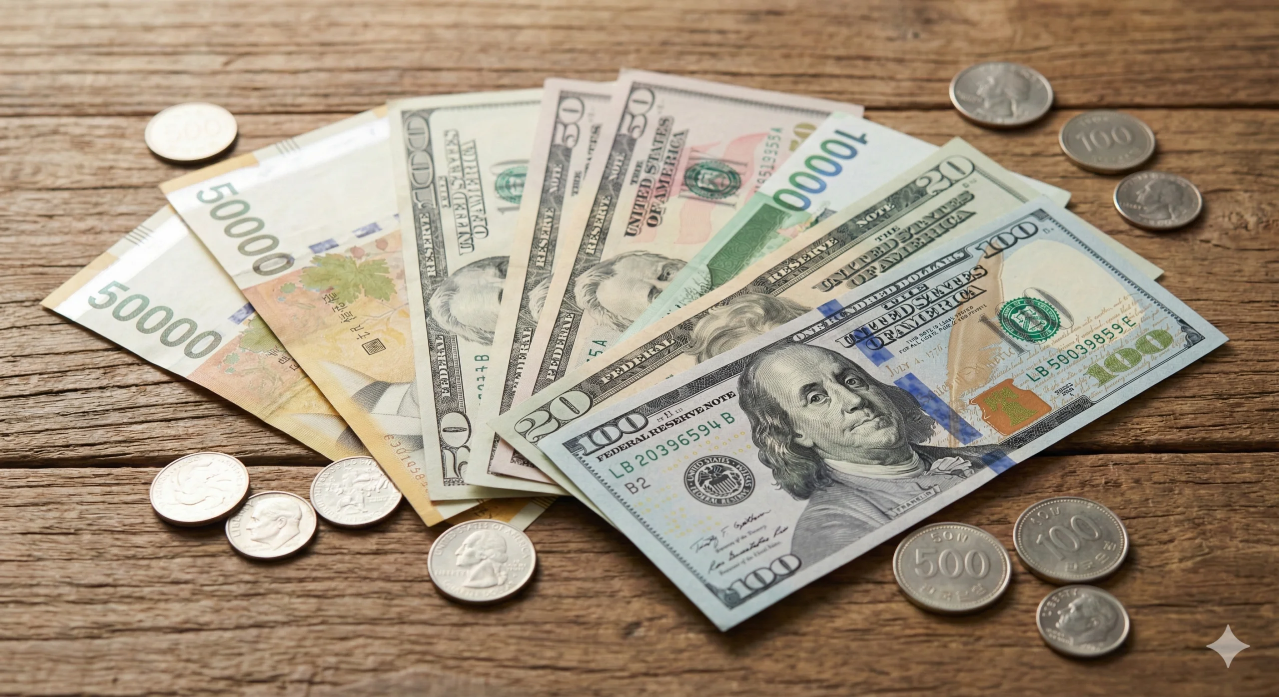 나무 테이블 위에 놓인 미국 달러와 한국 원화 지폐, 환율 교환 비율 상징